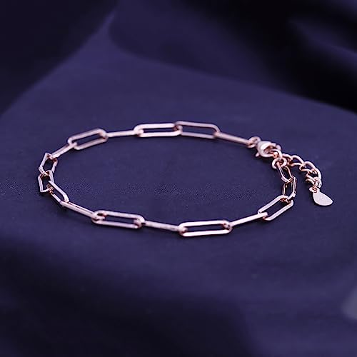 7" Length +1" Adjustable Paper Clip Chain Bracelet for Women | 14K Gold Over Sterling Silver Plain Jewelry - color: rose-gold-plated-silver