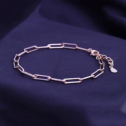 7" Length +1" Adjustable Paper Clip Chain Bracelet for Women | 14K Gold Over Sterling Silver Plain Jewelry - color: rose-gold-plated-silver
