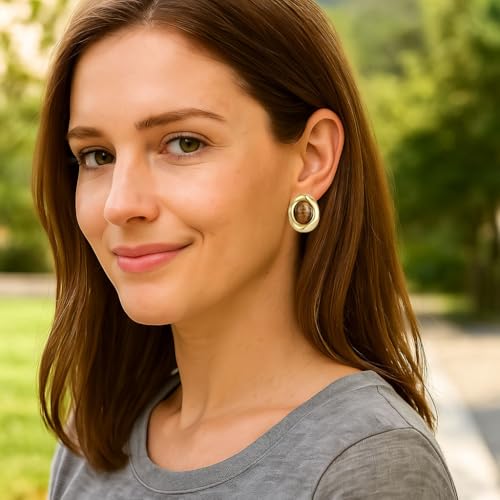 Brown Earrings Circle Chunky Earrings for Women Trendy 18K Gold Plated Stud Hoop Stainless Steel Hypoallergenic - color: Oval Stud Brown Color
