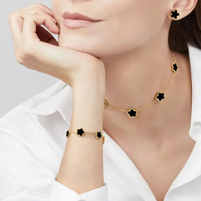 Gold Necklaces Bracelets Earring Set - 18K Gold Plated Flower Bracelet Chain,Stainless Steel Non Tarnish Floral Pendant Stud Jewelry Sets,Christmas Birthday Lucky Gift for Mom Wife Daughter Girlfriend - color: Black