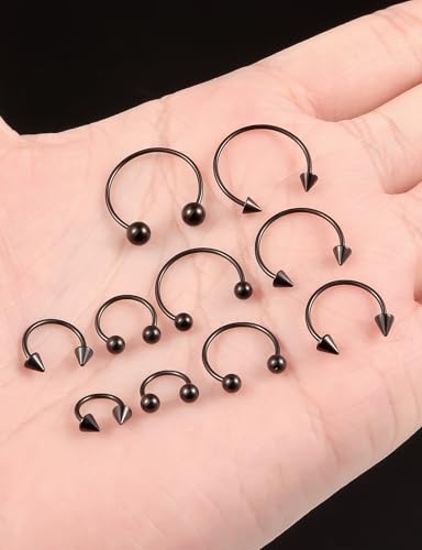 Septum Rings 18G Surgical Steel Snake Bite Jewelry Long Spike & Round Horseshoe Lip Rings Smiley Piercing Jewelry for Women Men 6mm 8mm 10mm 12mm 14mm - color: 18G Black - 6mm, 8mm, 10mm, 12mm, 14mm (1 pair each)
