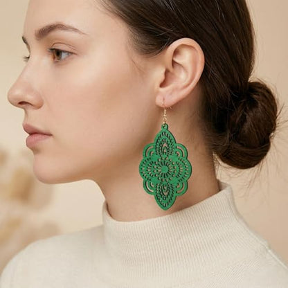 Boho Black Filigree Dangle Earrings for Women, Lightweight Hollow Lace Drop, Wood, 3.34" x 1.69", Bohemian Jewelry - color: Green