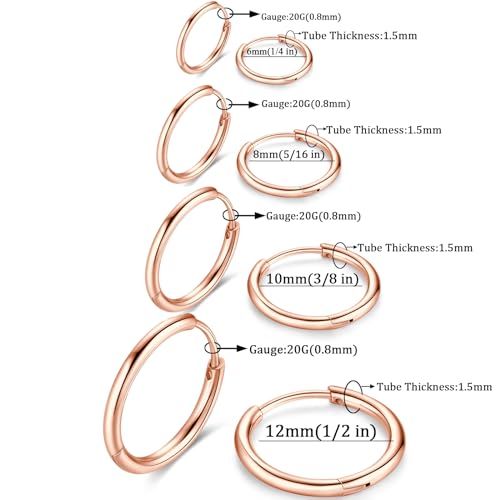 316L Surgical Stainless Steel Huggie Hoop Earrings 6mm 8mm 10mm 11mm 12mm 14mm Hypoallergenic Earrings Hoop Cartilage Helix Lobes Hinged Sleeper Earrings For Men Women - style: "(D6/8/10/12) THK 1.5mm U Rose GOLD"