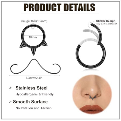 ONESING 20-30 Pcs Septum Rings 16G Septum Jewelry - Surgical Steel Piercings Horseshoe Helix Daith Smiley Tragus Lip Rings Nose Hoop Hinged Seamless Piercing Jewelry for Women Men - color: Black-16G-10mm