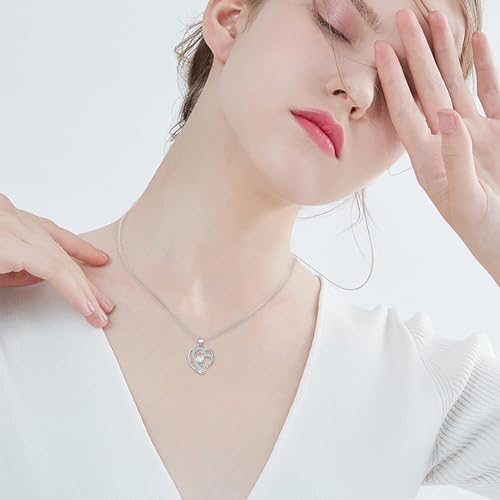 Sterling Silver Pendant Necklace for Women - Adjustable Double Heart Necklace Hypoallergenic Cubic Zirconia Love Heart-Shaped Charm Necklaces Classic Elegant Jewelry Gifts for Her Mom Wife,19inch
