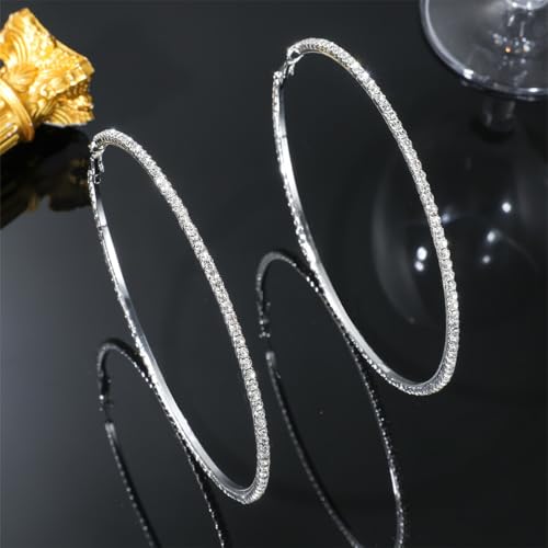80mm Rhinestone Hoop Earrings for Women Sparkly Earrings Cubic Zirconia Circle Earring Exaggerated Prom Earring Large Rhinestones Round Hoop Earrings Silver Prom Jewelry for Party Wedding Birthday - color: Silver