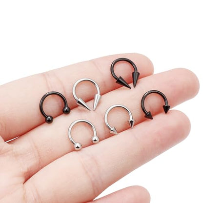 6Pcs Septum Rings 16G Surgical Steel Snake Bite Jewelry Long Spike Horseshoe Lip Rings Smiley Piercing Jewelry for Women Men 8mm 10mm - color: 16g,Diameter:8mm,silvertone+black