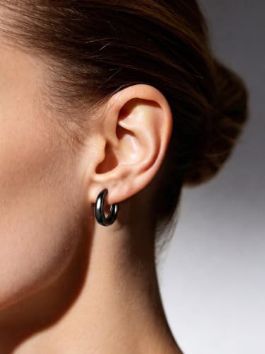 Bestyle Gold Huggies Earrings for Women Hypoallergenic 925 Sterling Silver Post Huggie Hoop Earrings Thick Lightweight Small Hoop Earrings 8/10/12/14mm - color: Black, size: 12mm