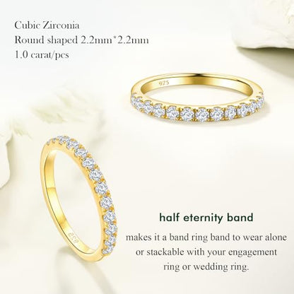 Birthstone Rings Eternity Band 925 Sterling Silver/Yellow Gold-Plated Created Gemstone Stackable Wedding Band 2.7mm Thin Half Eternity Rings for Women Size 6 to 10 - color: 04-CZ-Apr.-Yellow