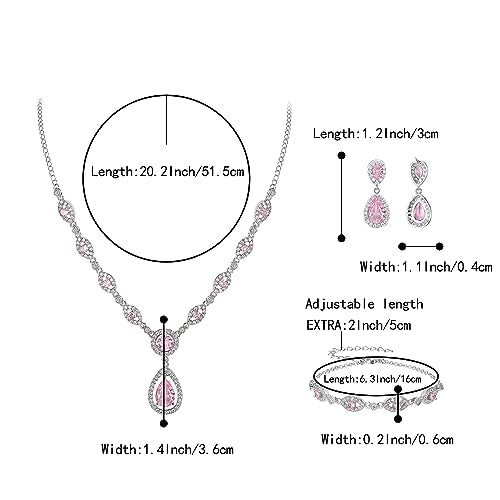 BriLove Wedding Bridal Jewelry Set for Women Cubic Zirconia Teardrop Y-Necklace Link Bracelet Dangle Earrings for Party Prom Accessories - color: Pink Silver-Tone