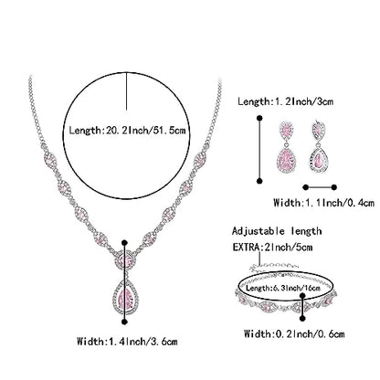 BriLove Wedding Bridal Jewelry Set for Women Cubic Zirconia Teardrop Y-Necklace Link Bracelet Dangle Earrings for Party Prom Accessories - color: Pink Silver-Tone