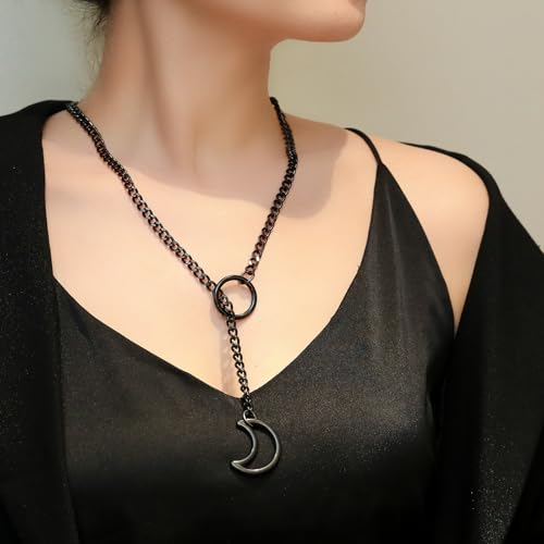 Slip Chain Choker for Women Handmade Black Stainless Steel Cuban Chain Chunky Moon Bat Raven Skull Pendant Gothic Punk Rock Collar Adjustable Lariat Y Necklace for Men - style: Black Moon