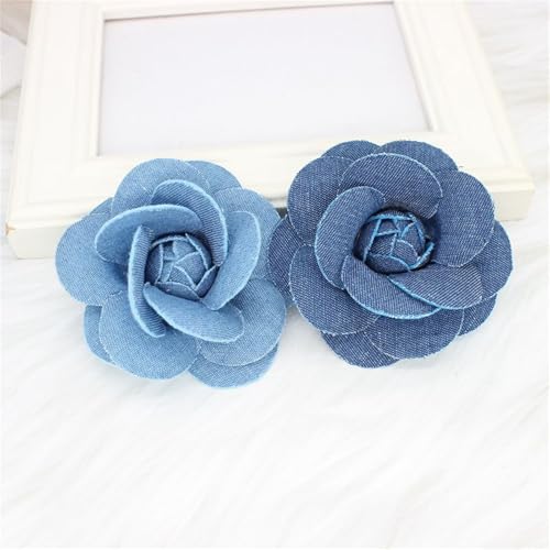 Dreuyet 10 PCS Denim Fabric Flower Brooch Pins with Hair Clips Denim Ribbon Fabric Camellia Flowers Corsage Pin Clip Sweater Coat Dress Suit Backpack Clothes Accessories