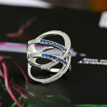 PAVOOI 14K Gold Plated X Ring Simulated Diamond CZ Criss Cross Ring for Women Juude Jewelers Silver Rose Gold Braided Wrap Knot Style Promise Statement Cocktail Party Ring(Silver Blue-US Code-6) - color: Silver Blue, size: (US Code-6)