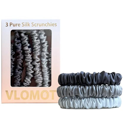 VLOMOT 3 Pcs Set 100% Pure Mulberry Silk Hair Scrunchies (Grey) | Silk Hair Ties for Thin Hair with 3 Chic Colors Everyday Skinny Scrunchies Silk Ponytail Holders Hair Care No Damage - color: Grey