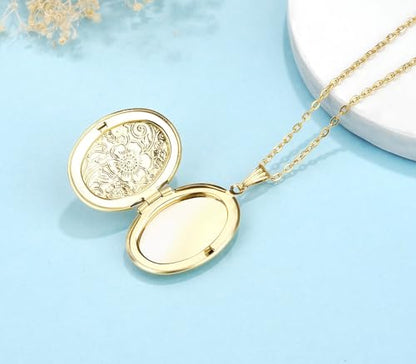 YOUFENG Oval Round Flower Locket Necklace that Holds Pictures Photo Locket Pendant - style: Oval Gold-plated