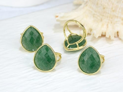 Crystal Ring for Women, Natural Rose Quartz Green Fluorite Ring for Her, Teardrop Shape Gemstone Ring, Handmade rose quartz Jewelry Adjustable Ring. - color: Green Strawberry Quartz