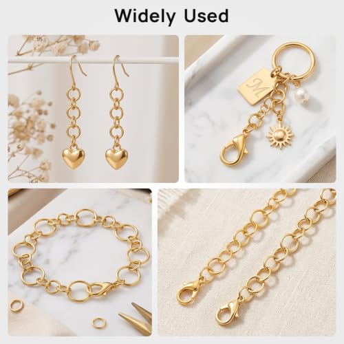 1200 Pcs Open Jump Rings, Jump Rings for Jewelry Making, Necklace Keychain Repair Kit with Making Tools Tweezer, Plier, Lobster Claw Clasps, Open Rings for DIY Crafts Keychains (Gold) - color: Gold