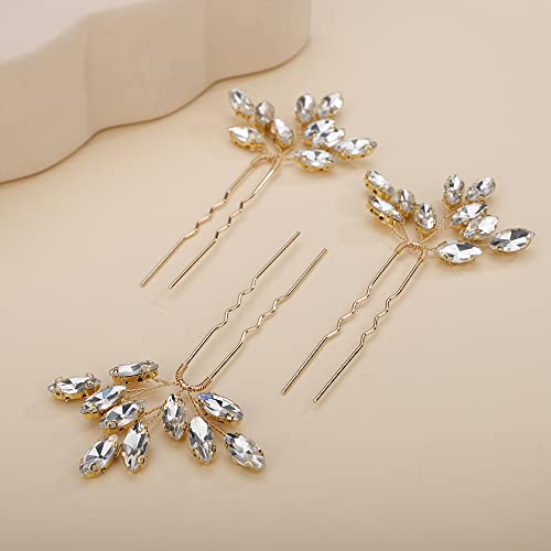 Teyglen 3pcs Bridal Crystal Hair Pins Rhinestones Hair Pieces Simple Crystal Wedding Hair Accessories Handmade Hair Pins for Women Bride Girls (Gold) - color: Gold