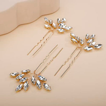 Teyglen 3pcs Bridal Crystal Hair Pins Rhinestones Hair Pieces Simple Crystal Wedding Hair Accessories Handmade Hair Pins for Women Bride Girls (Gold) - color: Gold