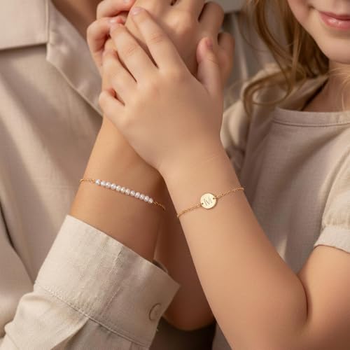 Ritach Gold Initial Bracelets for Women Girls, Freshwater Pearl Bracelet | 14K Gold Plated,Layered Disc Initial Bracelet Stackable Pearl Bracelets for Women Girls,Pearl Jewelry,Birthday Wedding Gifts - color: C