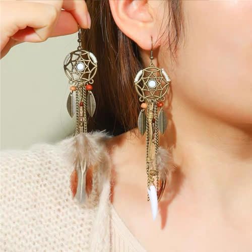 2 Pairs Brown Dream Catcher Feather Earrings for Women Bohemian Vintage Tassel Drop Dangle Earrings Ethnic Long Fringe Dreamcather Earring for Women Ear Jewelry - QC