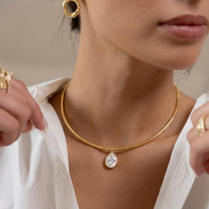 Gold Choker Necklace Dainty 14K Gold Plated Collar Necklace with Cubic Zircon Pendant Necklaces Fashion Minimalist Summer Crystal Collar Necklaces Boho Jewelry - style: CZ Drop Shape