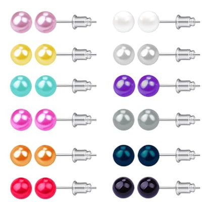 12 Pairs Colorful Pearl Stud Earrings for Women Stainless Steel Small Studs Set - color: 6mm