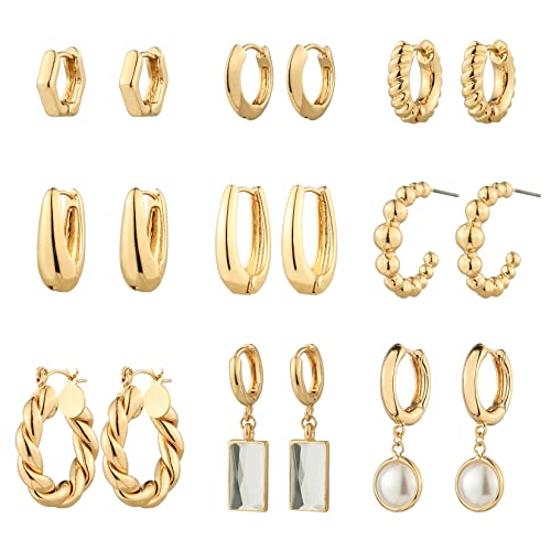 9 Pairs Gold Chunky Hoop Earrings Set for Women, 14K Gold Plated Twisted Huggie Hoop Earring Hypoallergenic, Lightweight Thick Open Hoops Earrings Jewelry Gifts. - color: A-9 Gold Hoop Earrings