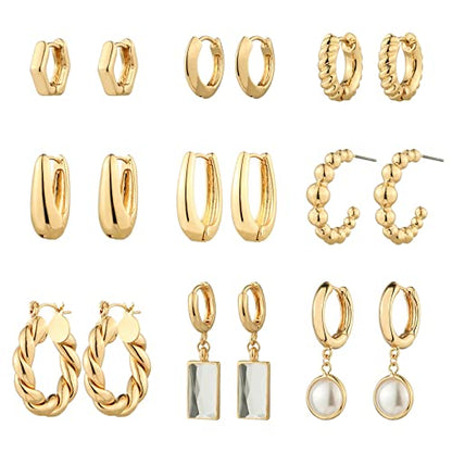 9 Pairs Gold Chunky Hoop Earrings Set for Women, 14K Gold Plated Twisted Huggie Hoop Earring Hypoallergenic, Lightweight Thick Open Hoops Earrings Jewelry Gifts. - color: A-9 Gold Hoop Earrings