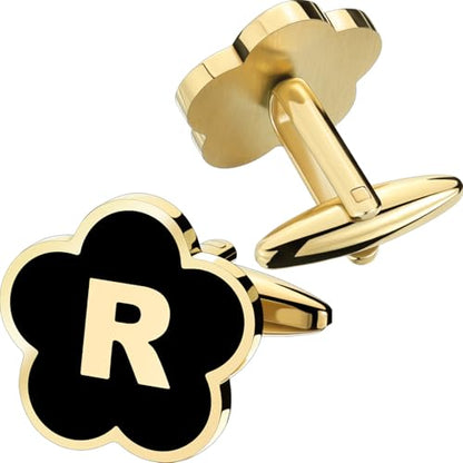 Initial Cufflinks for Mens,Personalized Black Glod Pated Letter Shirts CuffLinks,Stainless Steel Cuff Links, Business Wedding Gift A-Z - style: Letter R