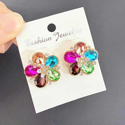 Bohemian Sparkly Crystal Flower Sliver Lightweight Stud Earrings Peach Blossom Rhinestone Floral Dangle Earrings For Women Jewelry Gifts - color: Colorful