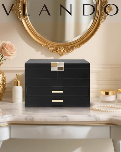 VLANDO Jewelry Box,4-Layer Design with Retractable Tray and 2 Drawers, Black - color: E.Black, size: 4-Layer
