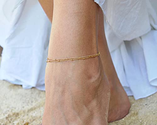 Pencros Dainty Layered Anklet,14K Gold Filled Cute Beads Satellite Chain Heart Boho Adjustable Anklets for Women - color: Layer Beads Gold