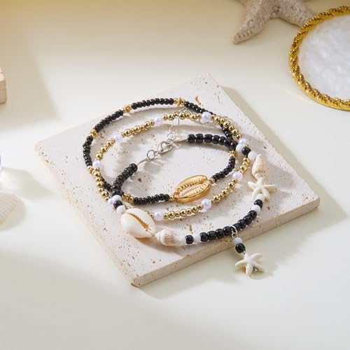 Starfish Mermaid Anklets Bracelets for Women Waterproof Gold Beaded Seashell Starfish Anklets Bohemian Summer Surf Stackable Anklet Bracelet Hawaiian Mermaid Jewelry Outfits for Women - style: 3PCS Black starfish