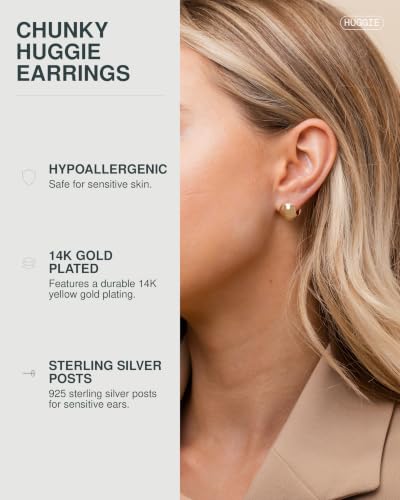 PAVOI 14K Gold Plated Chunky Huggies Earrings for Women - 925 Sterling Silver Posts Small Gold Huggie Hoop Earrings - Ultra Thick Hoops Trendy Jewelry - style: Ball