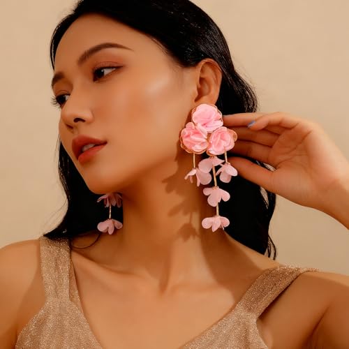 Fabric Flower Earrings for Women Colorful Long Tassel Floral Drop Earrings Fashion Boho Exaggerated Statement Beach Party Jewelry - color: pink
