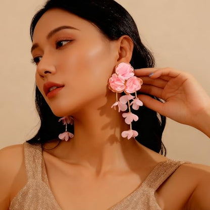 Fabric Flower Earrings for Women Colorful Long Tassel Floral Drop Earrings Fashion Boho Exaggerated Statement Beach Party Jewelry - color: pink