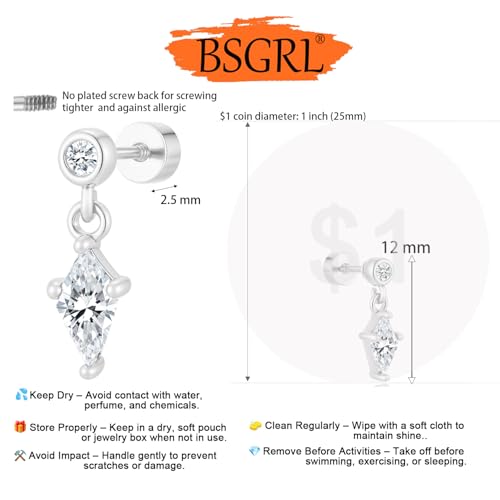 Flat Back Earrings for Women Cartilage Helix | Comfortable Dainty Cute Dragon Bee Bird Phoenix Dragonfly Cute Animal Leaf Spiral Rhombus Design Flatback Stud Earrings - color: silver dangle