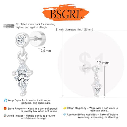 Flat Back Earrings for Women Cartilage Helix | Comfortable Dainty Cute Dragon Bee Bird Phoenix Dragonfly Cute Animal Leaf Spiral Rhombus Design Flatback Stud Earrings - color: silver dangle