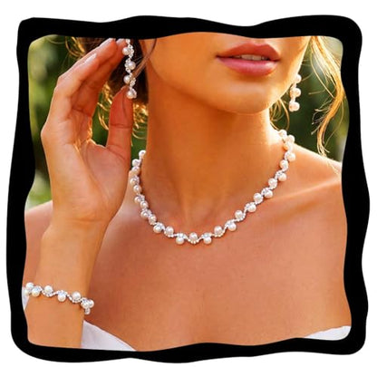 Aukmla Pearl Wedding Jewelry Sets Silver Rhinetsone Choker Necklace and Earring Bracelet Set Prom Jewelry for Brides and Women - color: Silver