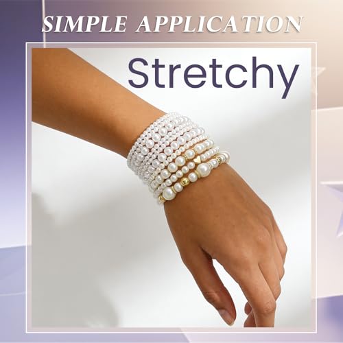 Pearls Bracelets for Women Simulated White Pearl Beaded Bracelet Stack Stackable Stretch Pearl Jewelry Set Multilayered Elastic Gold Pearls Bracelet Set for Prom Party Christmas Gift - style: 10G