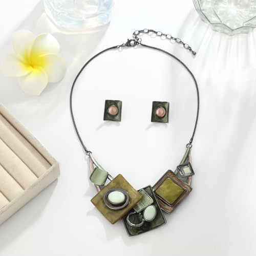 Vintage Statement Jewelry Set - Chunky Flower Floral Plant Geometric Resin Bib Necklace Earring Set Bohemian Boho Crystal Rhinestone Fashion Jewelry for Women Bridal Party Prom Unique Gift - style: MLJS2602