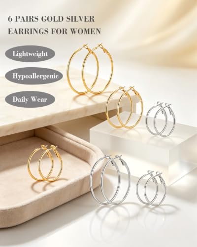 4 Pairs Silver Hoop Earrings for Women 30/40/50/60mm | Hypoallergenic, Stainless Steel, Big Thin Lightweight, Dangle Set - color: 6 Pairs Silver/Gold-30/40/50mm