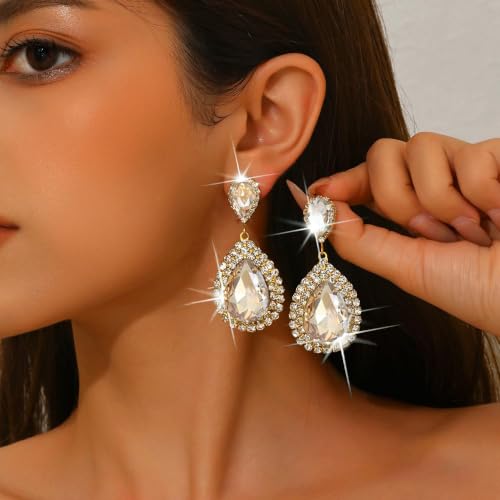 Elegant Rhinestone Statement Earrings Sparkly Cluster Crystal Drop Dangle Earrings Teardrop Chandelier Earrings Wedding Bridal Prom Earrings for Women - color: B:Champagne