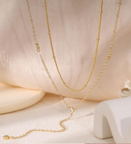 Layered Necklaces for Women,Dainty 14K Gold Plated Long Lariat Necklace Stack Simple Chain Pendant Necklace Fashion Accessories Long Necklaces for Women Trendy Gold Jewelry - color: CZ