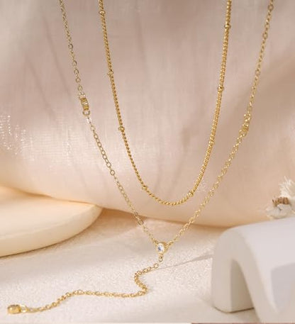 Layered Necklaces for Women,Dainty 14K Gold Plated Long Lariat Necklace Stack Simple Chain Pendant Necklace Fashion Accessories Long Necklaces for Women Trendy Gold Jewelry - color: CZ