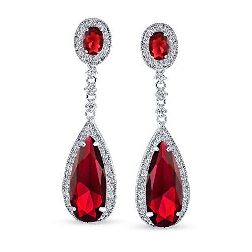 Long Cocktail CZ Halo Teardrop Chandelier Clip On Earrings Silver Plated - color: Red