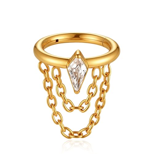 16G Titanium Cartilage Earrings Hoop 7mm 9mm Helix Piercing Jewelry with Single/Double/Triple Chains Hypoallergenic Hinged Clicker - style: gold-CZ 2 chains 7mm