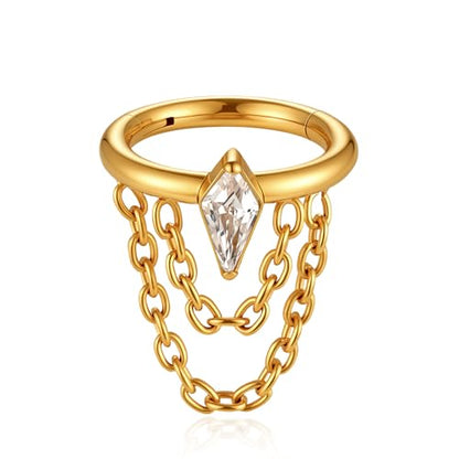 16G Titanium Cartilage Earrings Hoop 7mm 9mm Helix Piercing Jewelry with Single/Double/Triple Chains Hypoallergenic Hinged Clicker - style: gold-CZ 2 chains 7mm